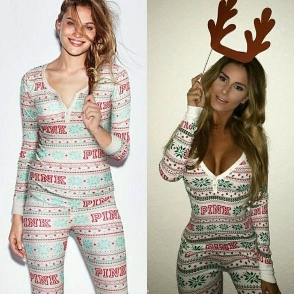 Pink Victoria's Secret Christmas onesie pajamas size L